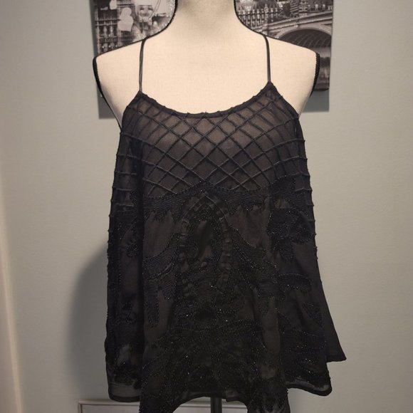 Sixes & Sevens Top M Black Sheer Embroidered Spaghetti Strap Blouse - Picture 1 of 5